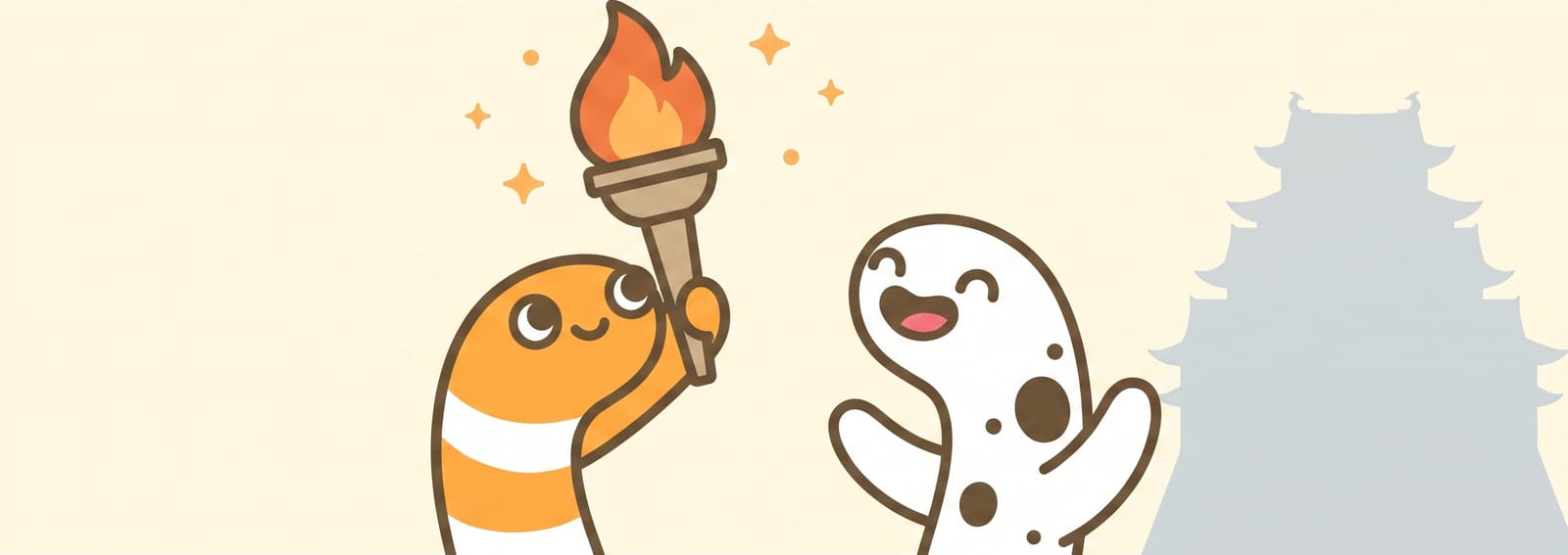 トーチを掲げるちんあなごと、それを応援するちんあなご。背景に名古屋城のシルエット